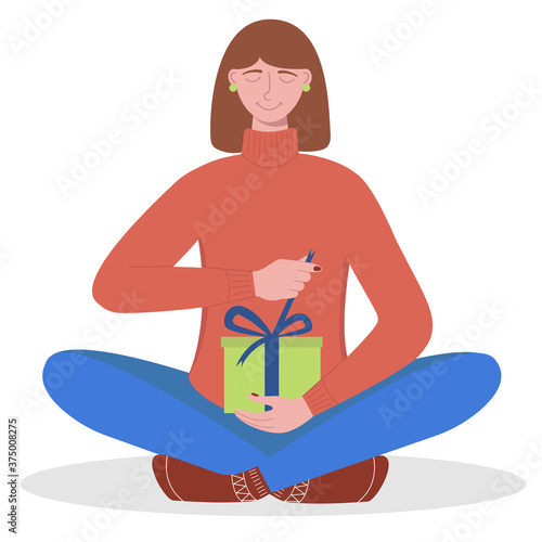 Cute young woman holding gift box and opening it. Unpacking present for birthday or Christmas holiday. Vector illustration in flat style