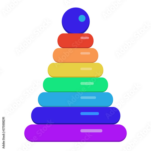 Toy pyramid with colored rings for early child development and kids playing isolated on white background. Vector illustration in flat style