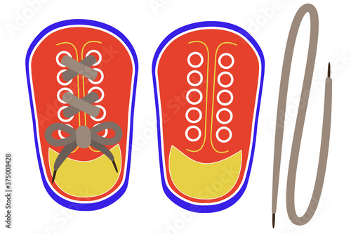 Lacing threading toy shoes. Montessori toys for early kids education. Learning to tie shoes and 
fine motor skills. Vector illustration in flat style