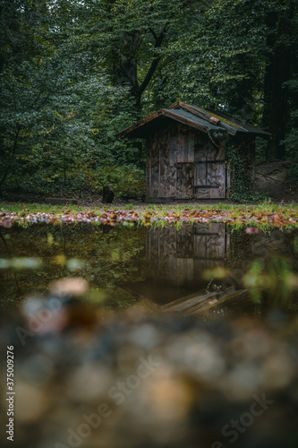 An abandoned hut in the woods by a rainy day. Concept for wanderlust and hiking, autumn or fall, nature
