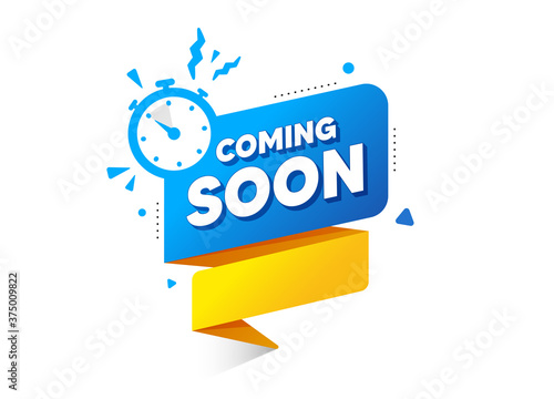 Coming soon ribbon banner with timer icon. Quality web element. Announcement bubble for promotion. Coming soon countdown time for new open. New arrival button. Promo release banner vector
