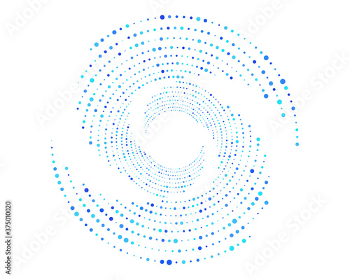 Dotted circle vector element. Dots ripple halftone background. Spiral or twist radial element. Abstract half circle with random size dots. Dotwork radial design background. Vector