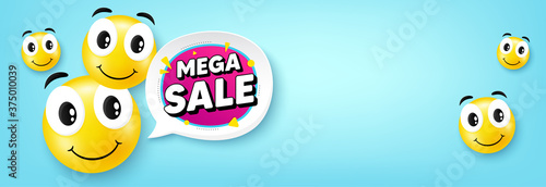 Mega sale smile face blue background. Funny face emotion. Round cartoon smile banner with speech bubbles. Sale offer poster template. Character happy emotion. Funny vector background.