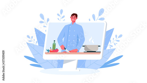 Online culinary school. Online recipe, Man chef teaches cooking new recipe. Food Blog, channel. Video tutorial. Online education, distance learning, webinars. Flat Cartoon Vector Illustration.