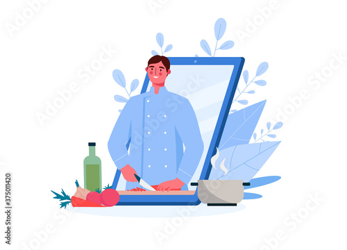 Online culinary school. Online recipe, Man chef teaches cooking new recipe. Food Blog, channel. Video tutorial. Online education, distance learning, webinars. Flat Cartoon Vector Illustration.