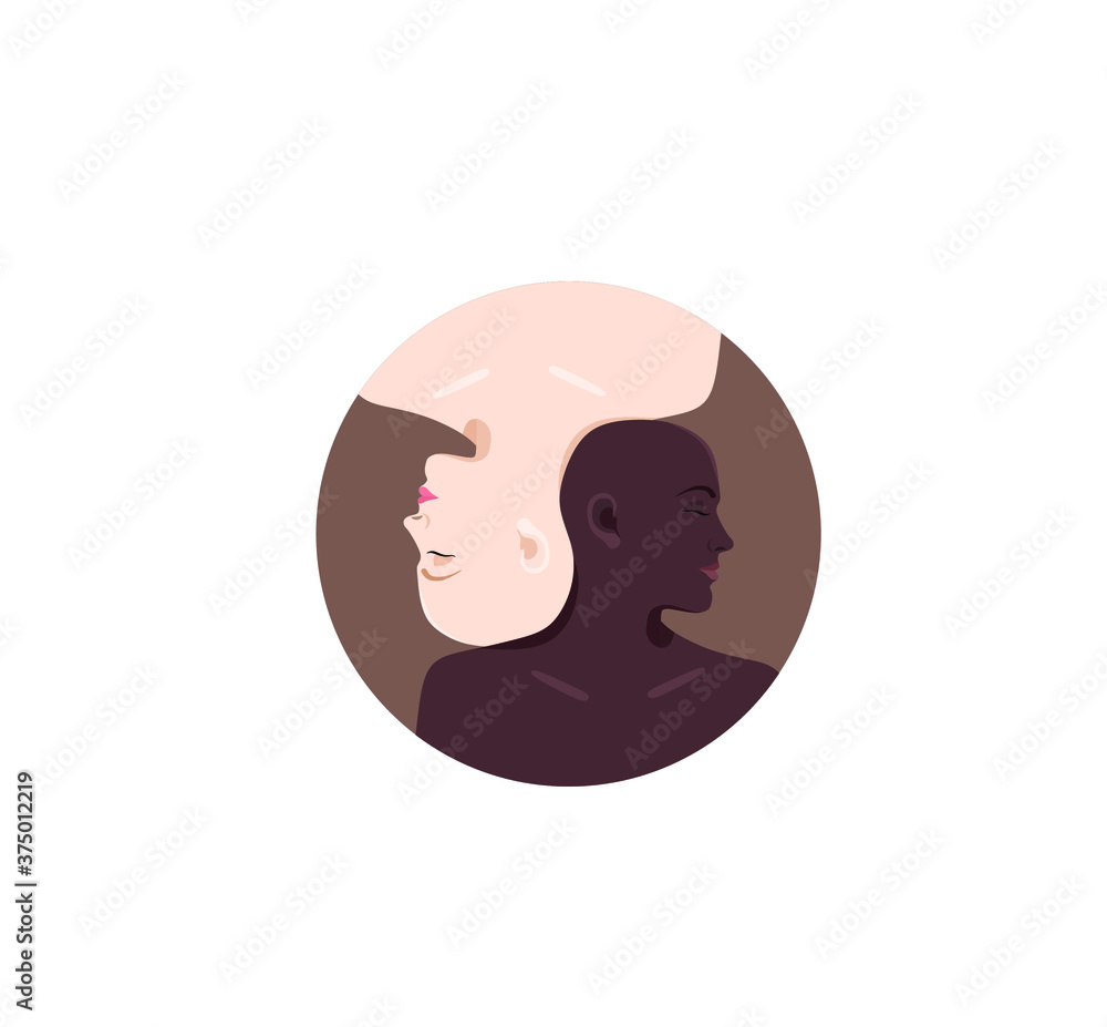 Female illustration showing stop racism. Black lives matter, we are equal. No racism concept. Flat style. Different skin colors. The social problems of racism. Equality of all races Female illustration showing stop racism. Black lives matter, we are equal. No racism concept. Flat style. Different skin colors. The social problems of racism. Equality of all races
