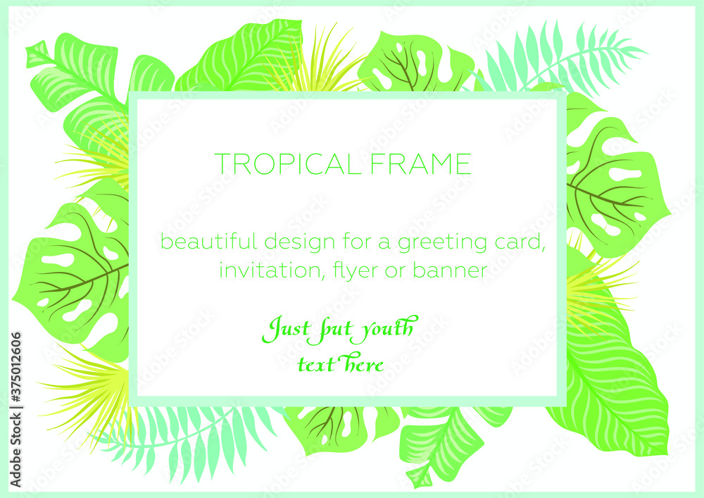 Vector frame template with tropical leaves: monstera, palm, banana. Horizontal card layout with place for text. Spring or summer design for invitation, wedding, party