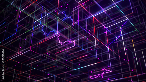 Abstract neon cube. Glowing mesh with static. cyberpunk signboard. Block chain data network. 3d rendering