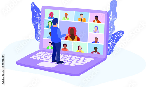 Video conference. People group on computer screen taking with colleague. Video conferencing and online communication vector concept. Illustration of communication screen conference, videoconferencing