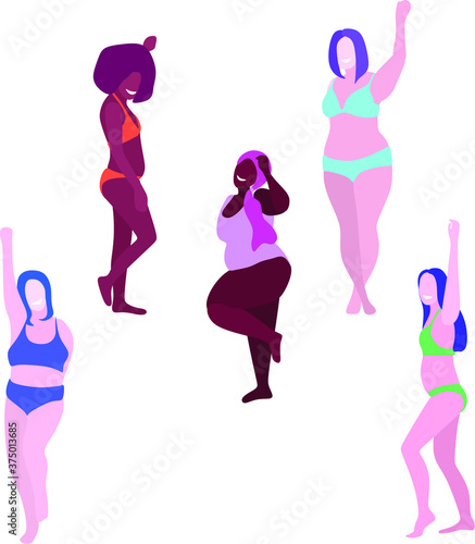 Vector colorful set of different girl with features of appearance in underwear. Body positive model. Love your individuality.