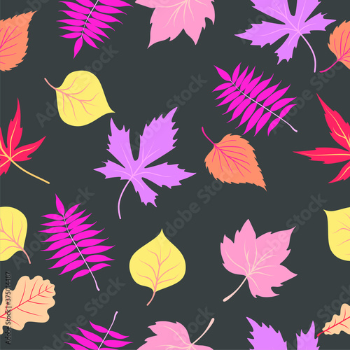 Seamless pattern of autumn leaves. Autumn nature pattern on dark background. Decorative leaves vector illustration. Cute forest background.