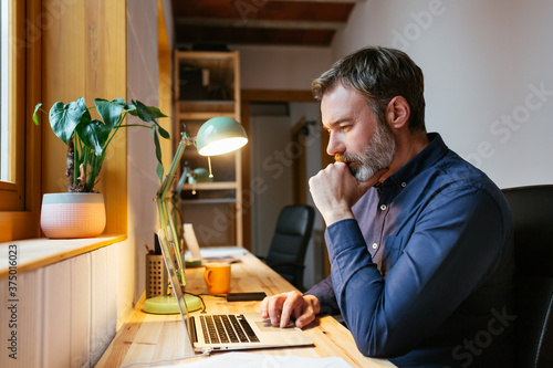 Thoughtful journalist using laptop in home office