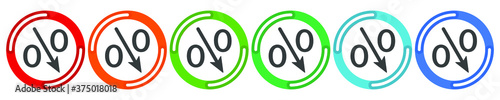 Percent down arrow icon, speedy economic growth concept. 6 colors option icon. Vector illustration flat design UI and UX
