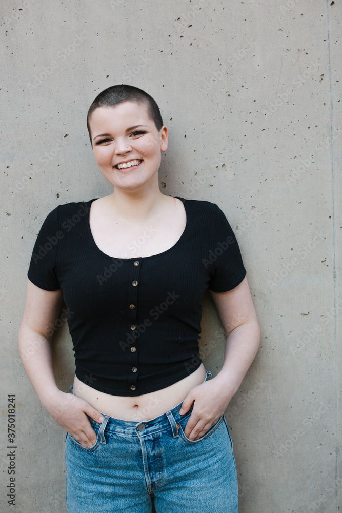 Young teenage girl portraits with shaved head / short hair. Stock Photo ...