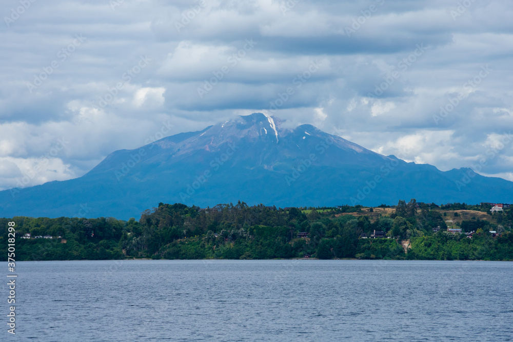 View of Calbuco Volcano and Llanquihue Lake. Puerto Varas, Chile