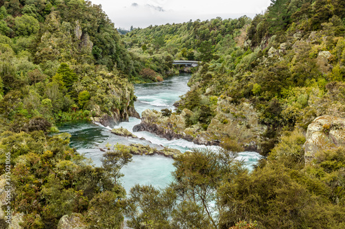 Rapids and cascades of white water river surrounded by lush green native forestf. New Zealand