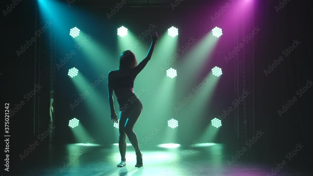 Trendy young woman dancing single in club, neon light, lots of smoke. Fashion street wear. Silhouette Trendy young woman dancing single in club, neon light, lots of smoke. Fashion street wear. Silhouette