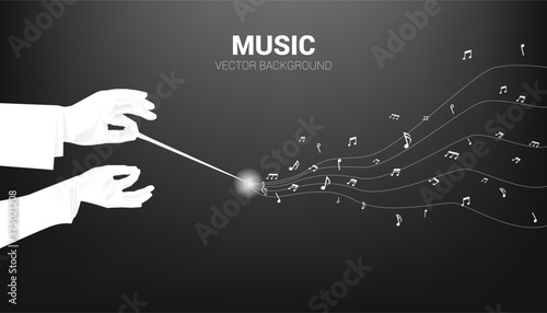 Vector silhouette of conductor hand hold baton stick with flying music note . Concept background for orchestra concert and recreation.