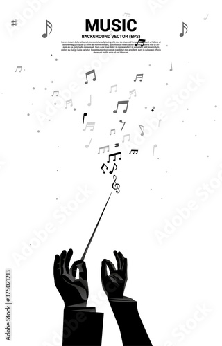 vector2959Vector silhouette of conductor hand hold baton stick with flying music note . Concept background for orchestra concert and recreation.