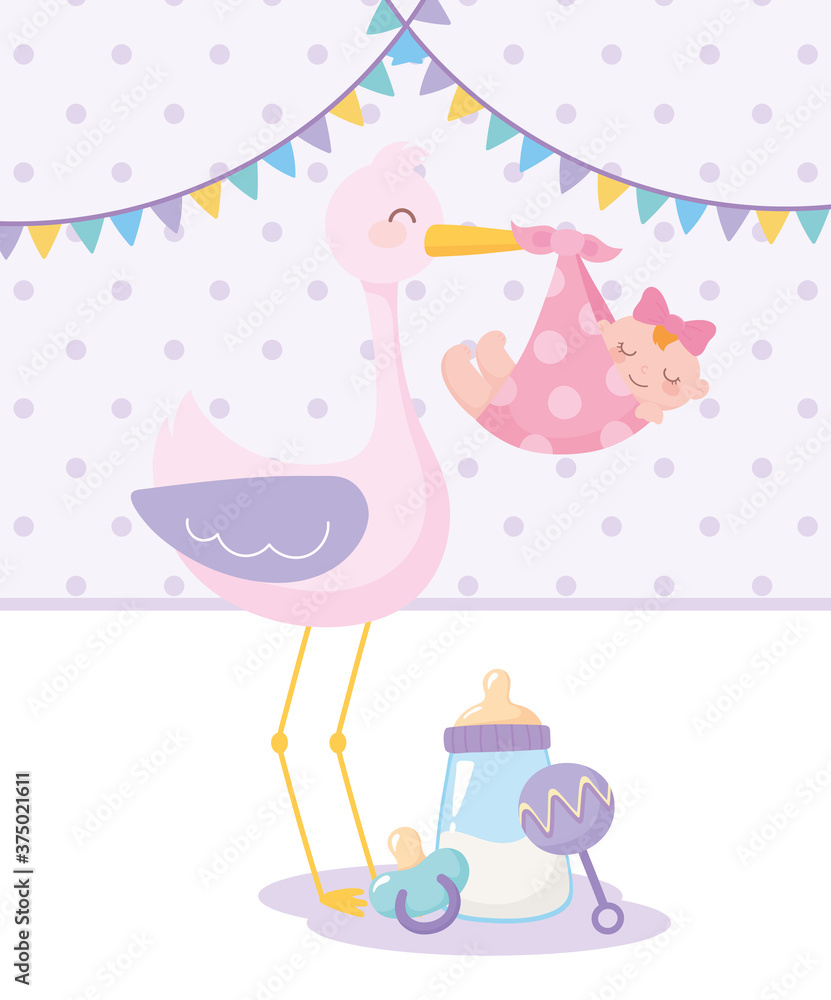 baby shower, stork with baby girl rattle and pacifier, celebration welcome newborn baby shower, stork with baby girl rattle and pacifier, celebration welcome newborn