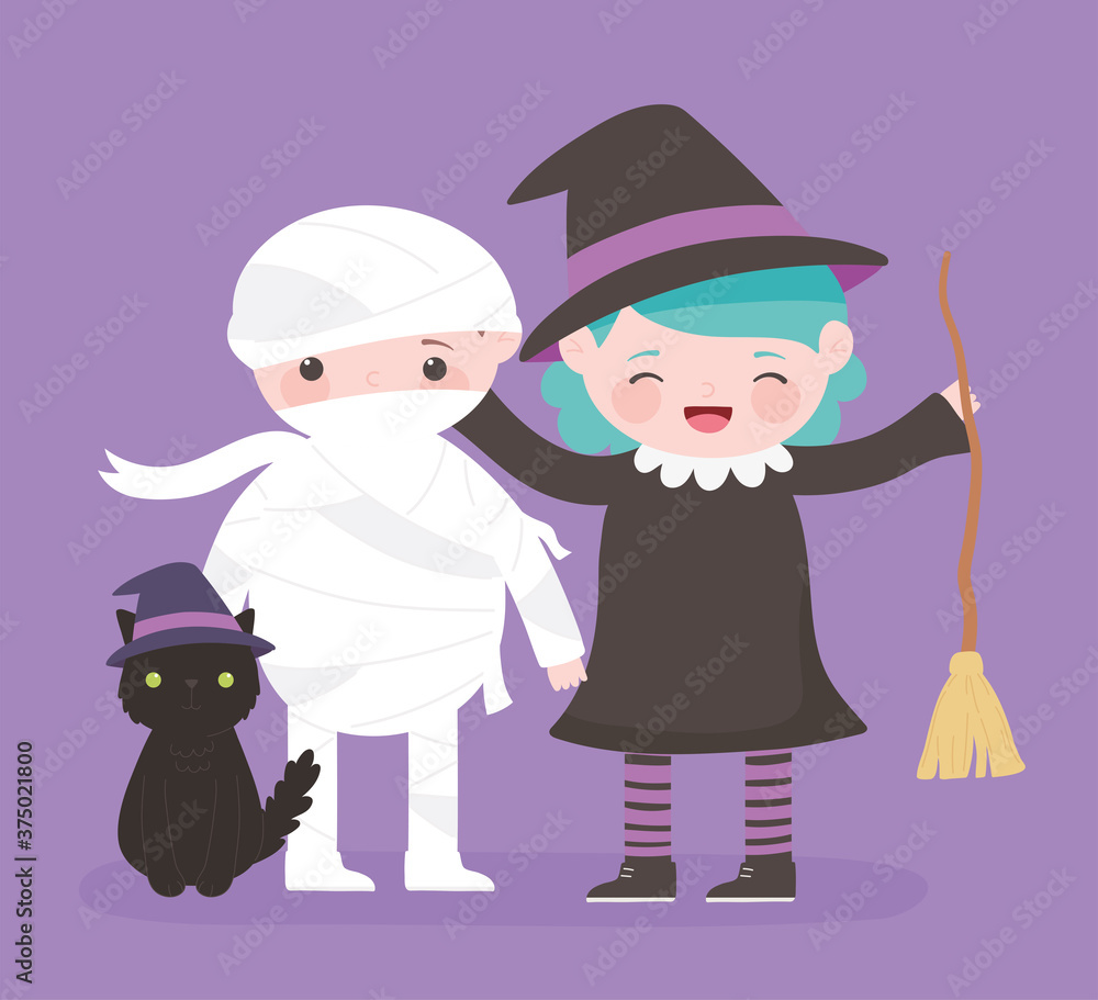 happy halloween, mummy witch and cat costume character trick or treat, party celebration happy halloween, mummy witch and cat costume character trick or treat, party celebration