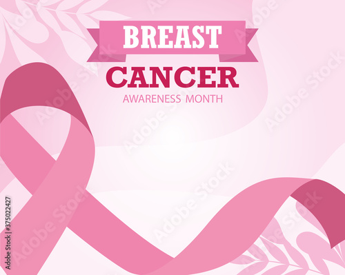 breast cancer awareness month ribbon leaves pink vector
