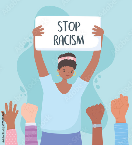 black lives matter banner for protest, afro woman with placard message hands up activists,