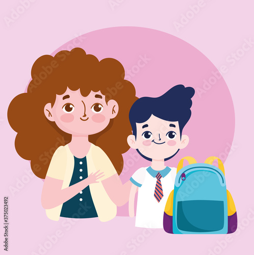 happy teachers day, teacher and student boy with rucksack cartoon
