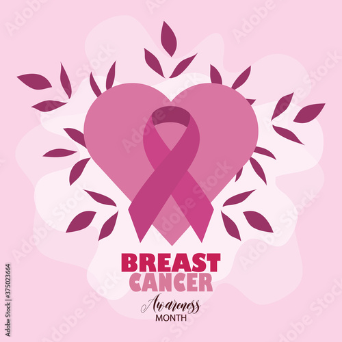 breast cancer awareness month ribbon pink heart and leaf vector