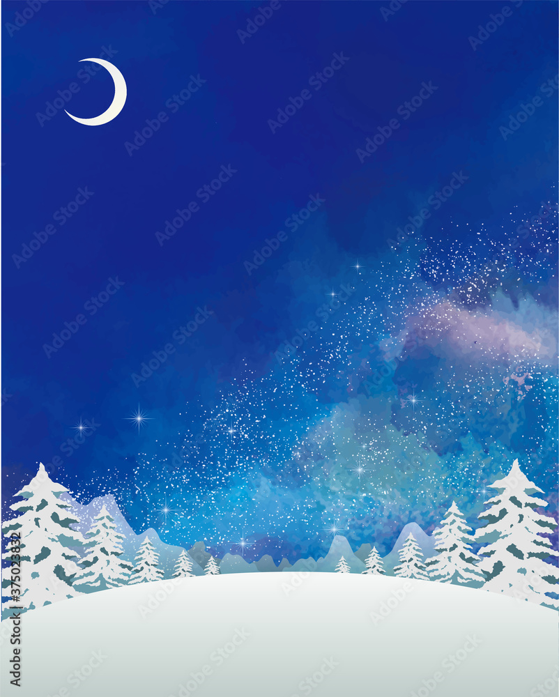 冬の景色 水彩 冬 景色 山 雪 雪山 星 夜空 キラキラ ミルキーウェイ Stock ベクター Adobe Stock