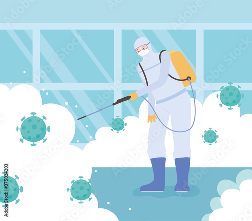 virus disinfection, covid 19 coronavirus, preventive measure man with protective suit and mask