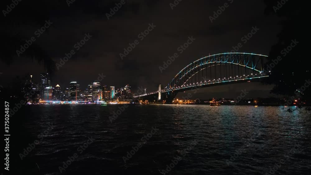 Establishing Shot of the Sydney Harbour Bridge at Night, Cityscape Skyline of Sydney Australia