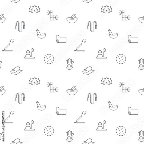 Seamless pattern with yoga and spa icon on white background. Included the icons as wellness, pose, beauty, peace, therapy And Other Elements. Template for design fabric, backgrounds, wrapping paper.