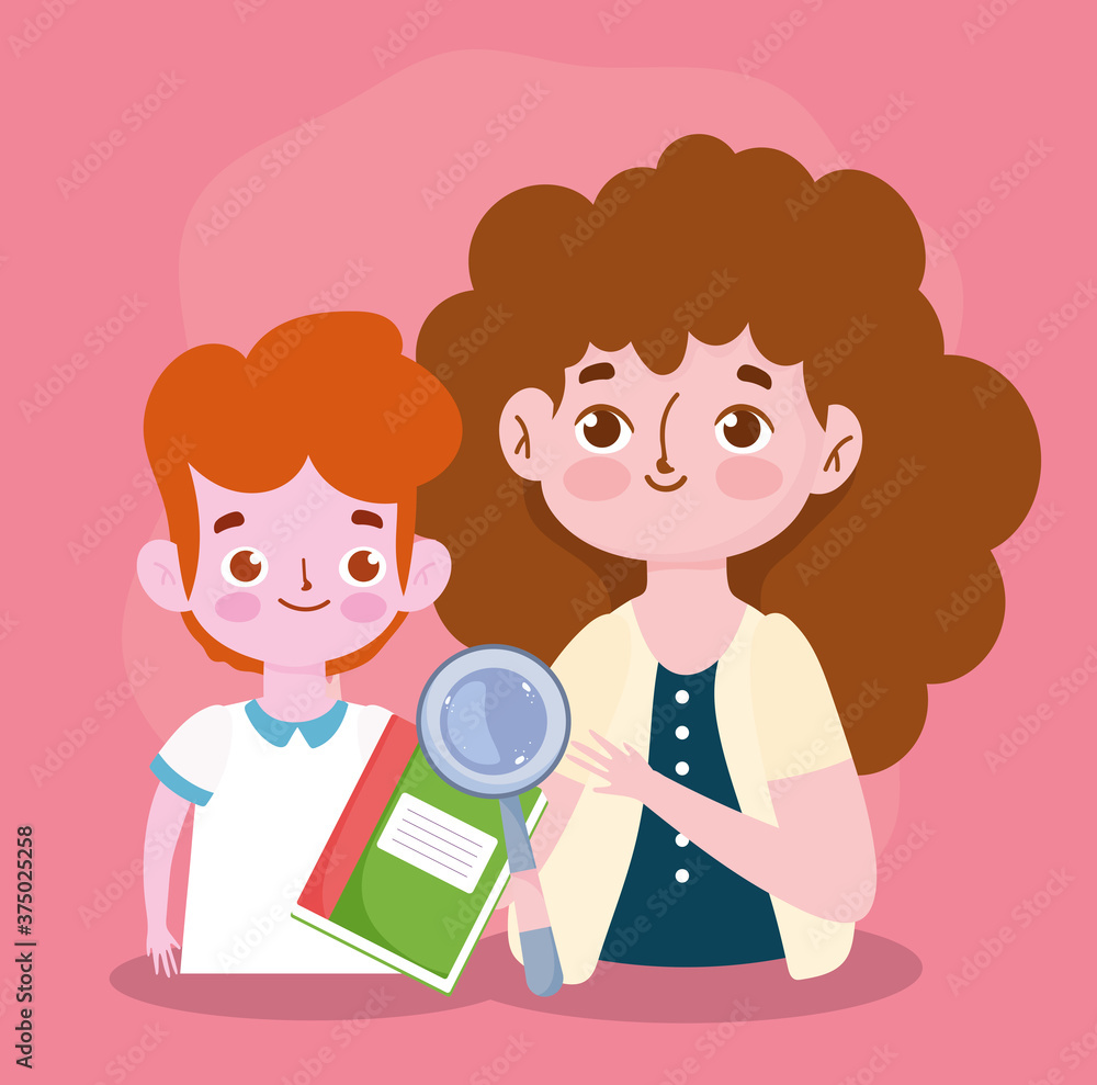 happy teachers day, teacher and student boy book and magnifier cartoon happy teachers day, teacher and student boy book and magnifier cartoon