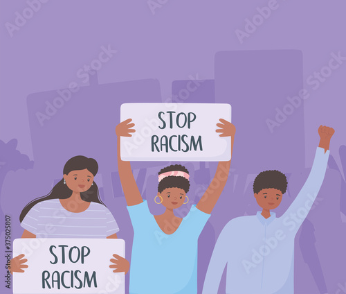 black lives matter banner for protest, protesting people with placard, awareness campaign against racial discrimination