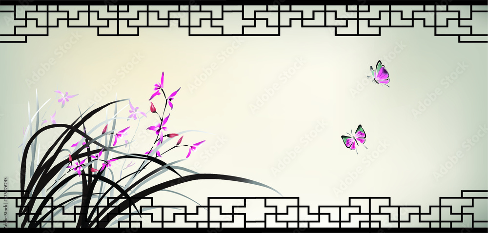 Obraz Chinese painting of Orchid and butterfly in ink style