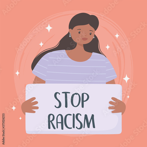 black lives matter banner for protest, young woman with banner message, awareness campaign against racial discrimination