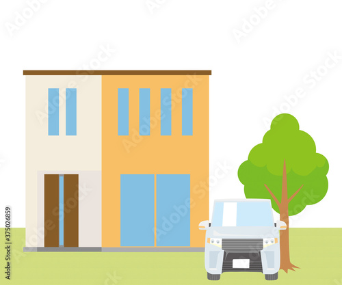 一戸建て、一軒家のイラスト（二階建）と車、植木芝生の背景_マイホーム、ベクターデータHousing illustrations

