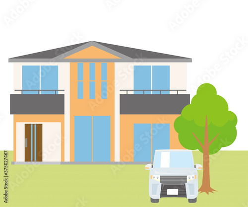 一戸建て、一軒家のイラスト（二階建）と車、植木芝生の背景_マイホーム、ベクターデータHousing illustrations
