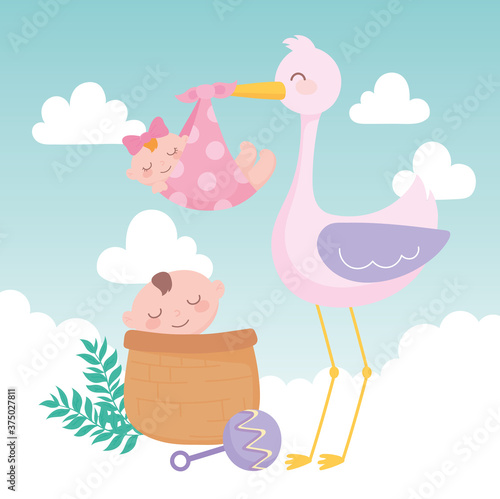 baby shower, stork with girl and boy in basket cartoon, celebration welcome newborn