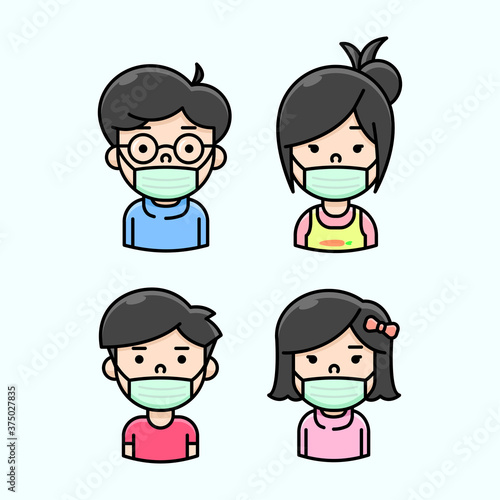 AN ASIAN FAMILY WEARING GREEN MASKER IN NEW NORMAL ILLUSTRATION
