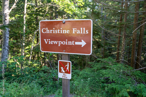 Sign for the Christine Falls viewpoint, a waterfall in Mount Rainier National Park