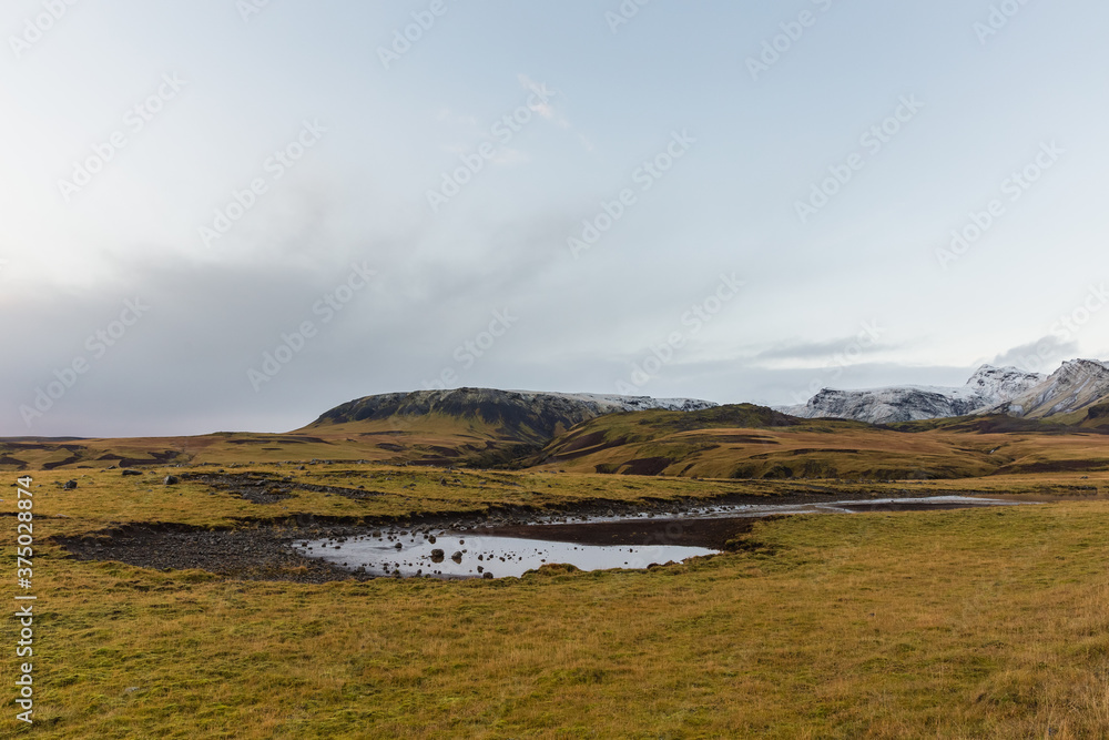 yellow grass and snowy mountaintops in highlands of Iceland