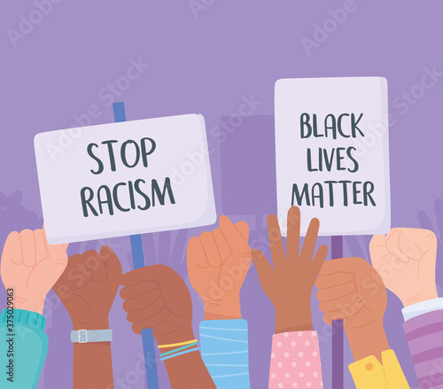 black lives matter banner for protest, protestors hold placards and raise their fists, awareness campaign against racial discrimination