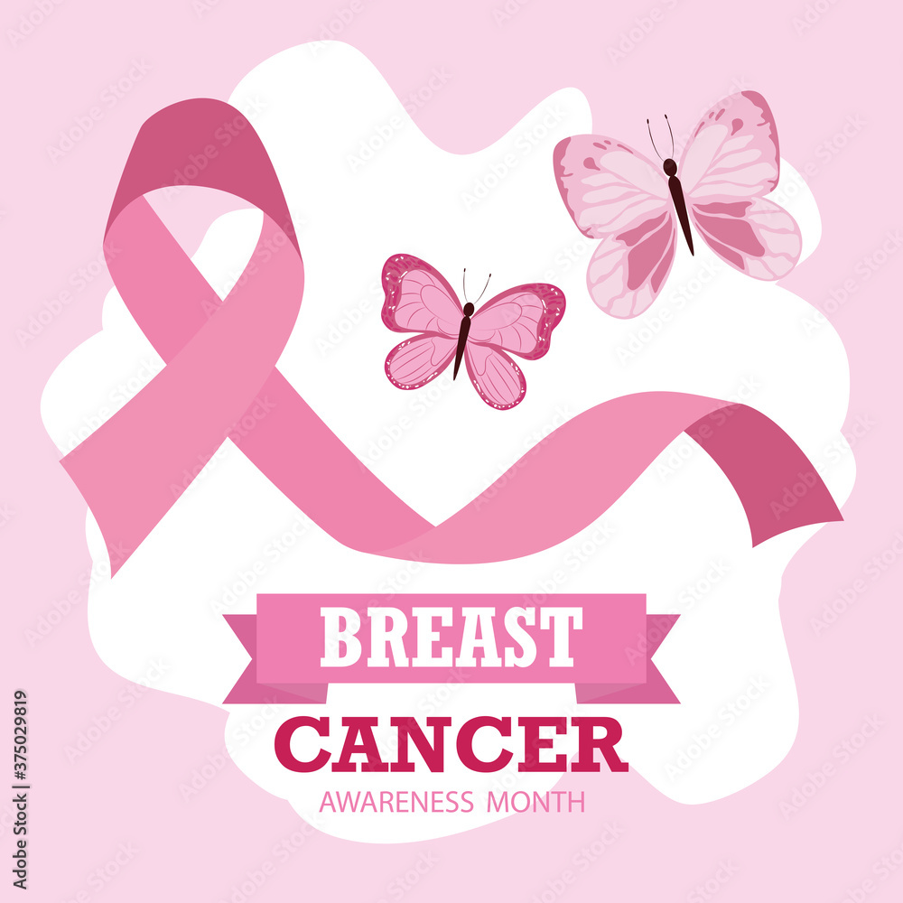 Fototapeta premium breast cancer awareness month ribbon pink butterflies ornament template card