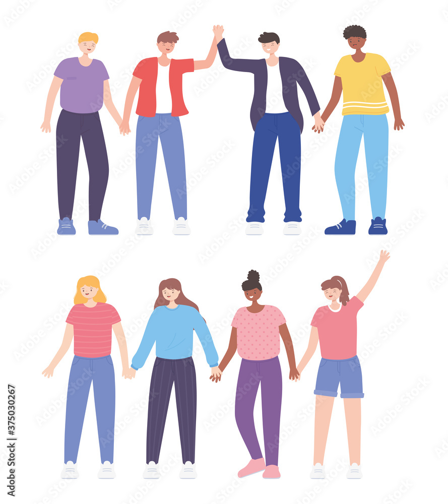 Φωτογραφία people together, men and women holding hands, male and female cartoon characters