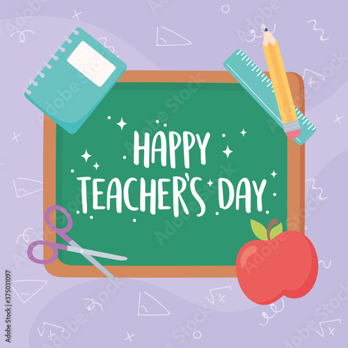 happy teachers day, blackboard lettering apple book ruler and pencil