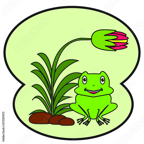 Fototapeta Naklejka Na Ścianę i Meble -  Illustration of a cute little green frog on a flower tree