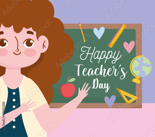happy teachers day, teacher hand writing doodle on chalkboard stuff school