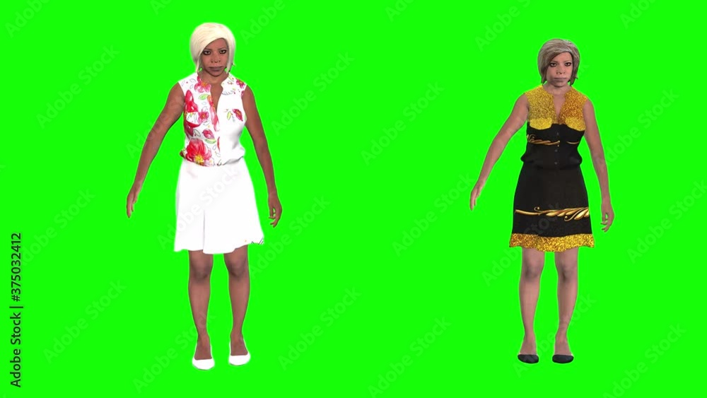 3d animation with two female avatar characters wearing patterned colourful dresses, waving walking and dancing on a green background. 3d animation with two female avatar characters wearing patterned colourful dresses, waving walking and dancing on a green background.